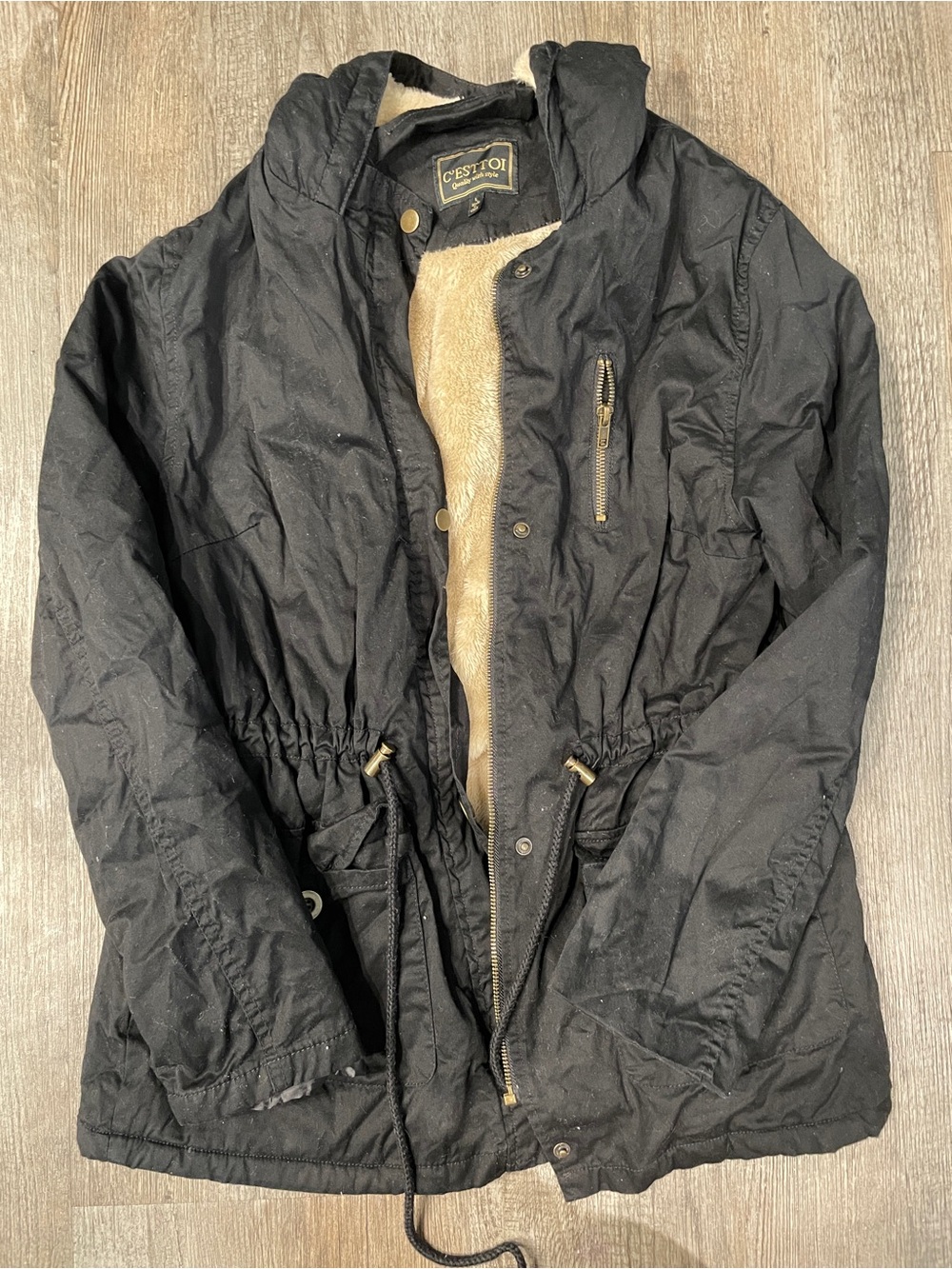 Black Women’s Cotton Shell Jacket with Tan Sherpa Lining
